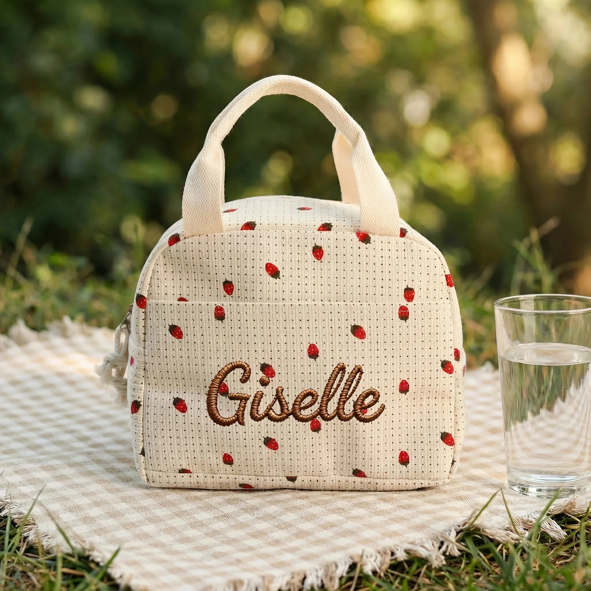 Mit gesticktem Namen und Blumenmuster bedruckte Lebensmittelhandtaschen, tragbare Thermo-Lunch-Tasche, wasserdichte, isolierte Tasche für Büro und Camping – Detail 5