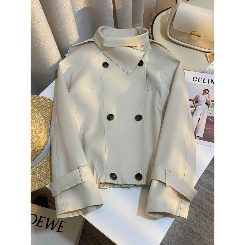 

Beige Simple Loose Windbreaker Short Coat Female Korean Chic Casual Joker French Office Lady Fashion Double-breasted Trench Coat