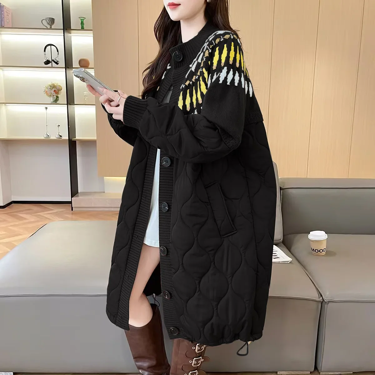 2026 Winter New Women's Patchwork Printed Knitted Long Padded Cardigan Loose Slim Fit Versatile Elegant Commute Casual Outerwear