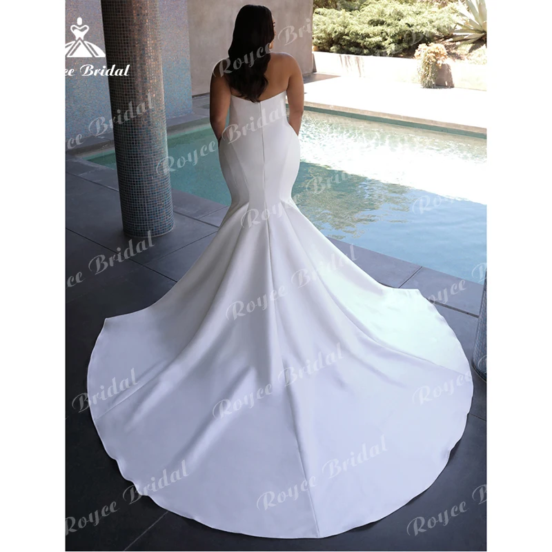 Einfache Strand Meerjungfrau Hochzeit Kleid Für Frauen Sexy Boot Neck Sleeveless Backless Falte Braut Kleid Weich Satin Sweep robe Plus größe