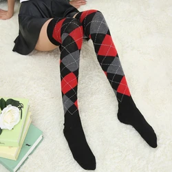 Women Girls Student Thigh High Socks European College Vintage Colorful Argyle Plaid Pattern Stretchy Over the Knee