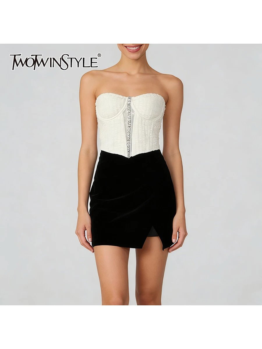 

TWOTWINSTYLE Elegant Two Piece Set for Women Strapless Sleeveless Spliced Diamonds Vest High Waist Split Mini Skirt Sets Female