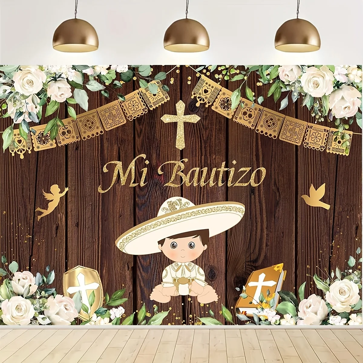 Fondo de fotografía de flor blanca de madera Mi Bautizo niño Dios bendiga primera comunión bautismo decoraciones para fiesta fondo
