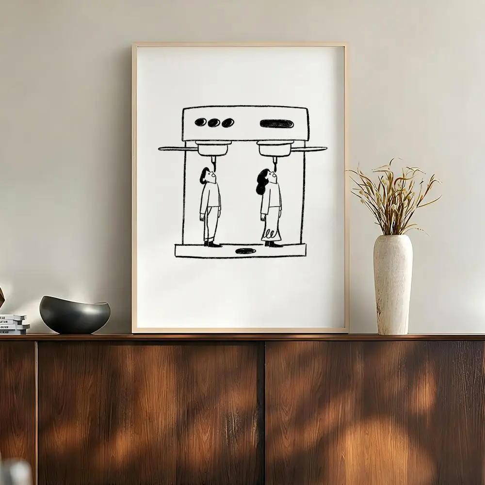 Minimalist Tiny People Everyday Objects Whimsical Line Art Poster Modern Aesthetic Wall Art for Home Bar Cafe Bathroom Decor