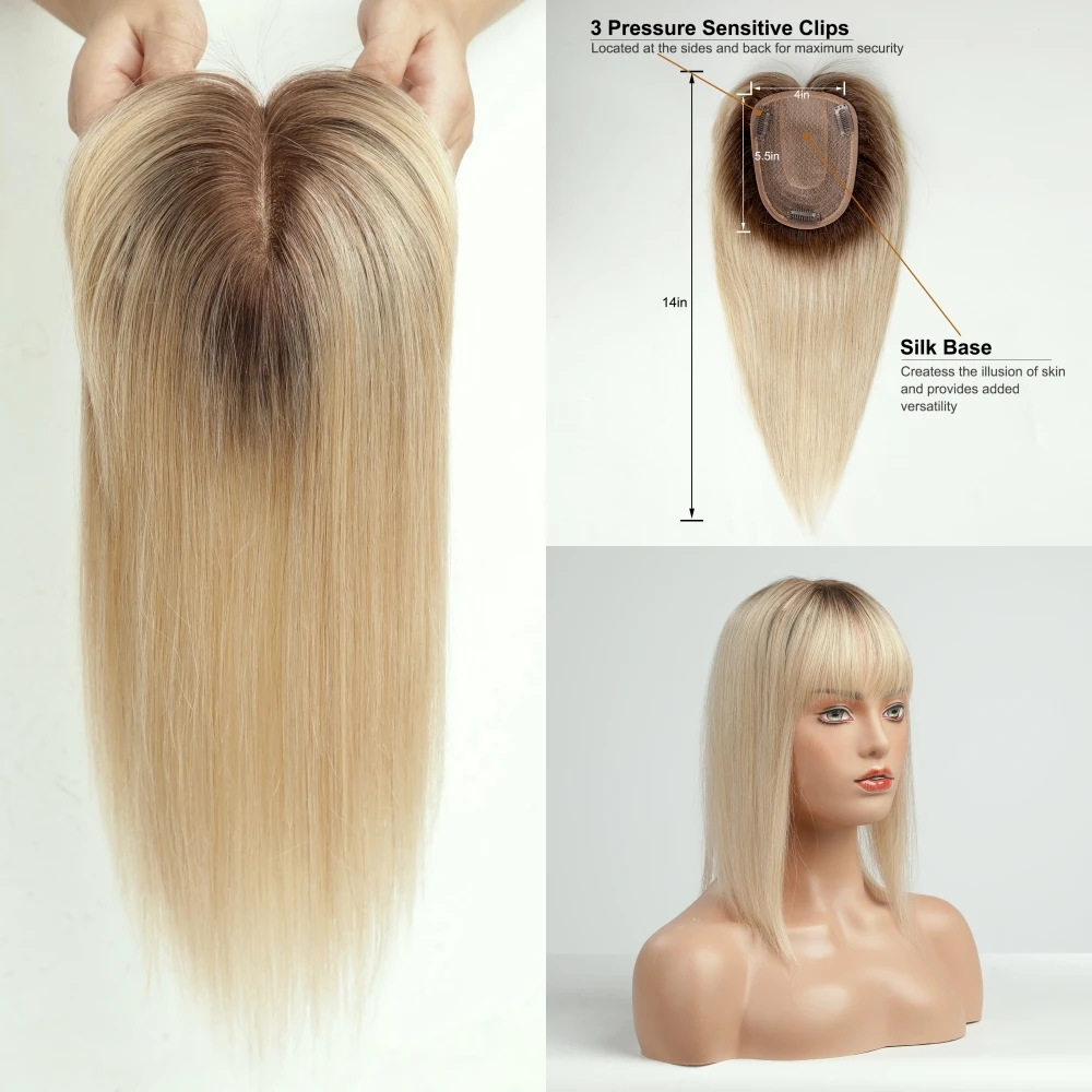 100% Remy Human Hair Topper Ombre Blonde Human Hair Pieces with Bangs for Women Silk Base Clip In Topper For Thinning Hair 14in