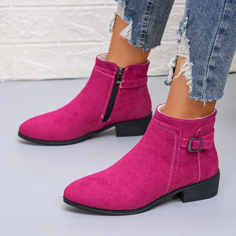 2024 Hot Sale Shoes for Women Side Zip Women\'s Boots Winter Round Toe Suede Solid Short Barrel Low Heels Large Size Naked Boots