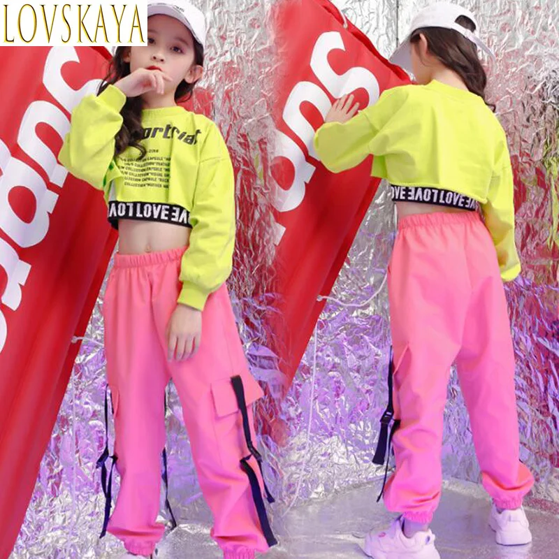 Children Hip Hop Clothing Green Sweatshirt Top Crop Casual Pants Girl Kids Jazz Dance Wear Costume Ballroom Dancing Clothes