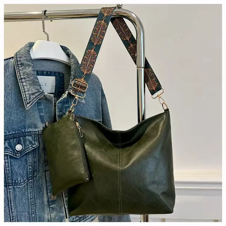 Damen-Eimer-Einkaufstaschen-Set aus Retro-PU-Material, verstellbarer breiter Riemen für den täglichen Bedarf, mit modischem Reißverschluss und Polyesterfutter – Detail 11