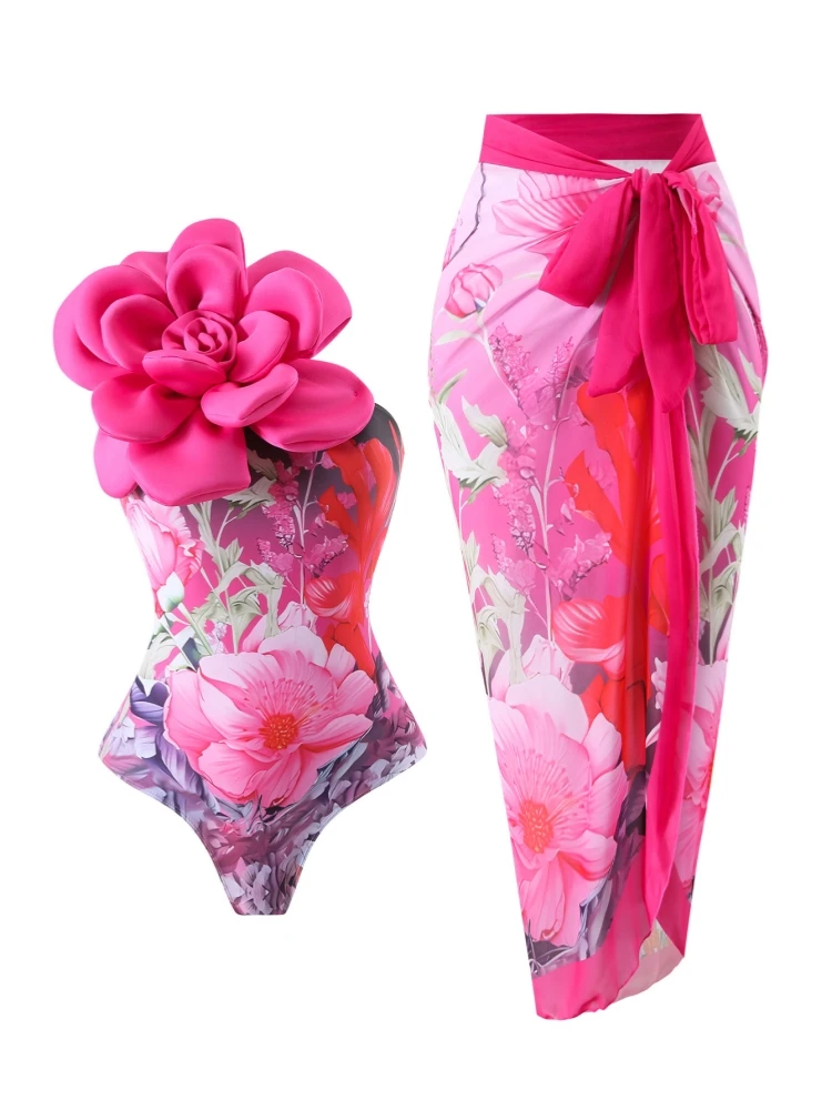 2024 Push Up traje de baño púrpura de una pieza para mujer traje de baño 3D Flower Beach Resort conjunto de primavera caliente traje de baño Monokini mono