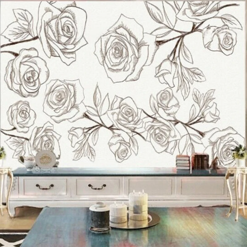 Pencil hand-painted rose plants TV luxurious home decoration bedroom background wall