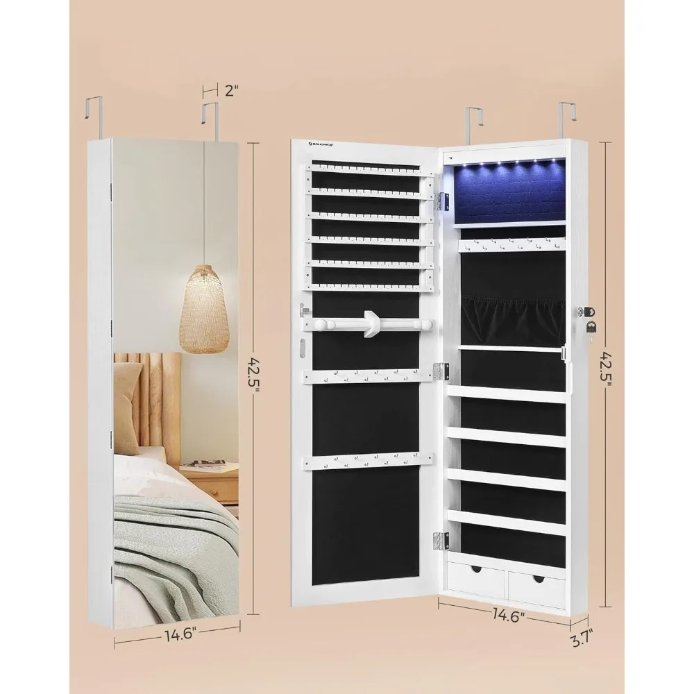 Hangende sieradenkast, wandgemonteerde kast met LED-binnenverlichting, op de deur gemonteerde sieradenorganizer