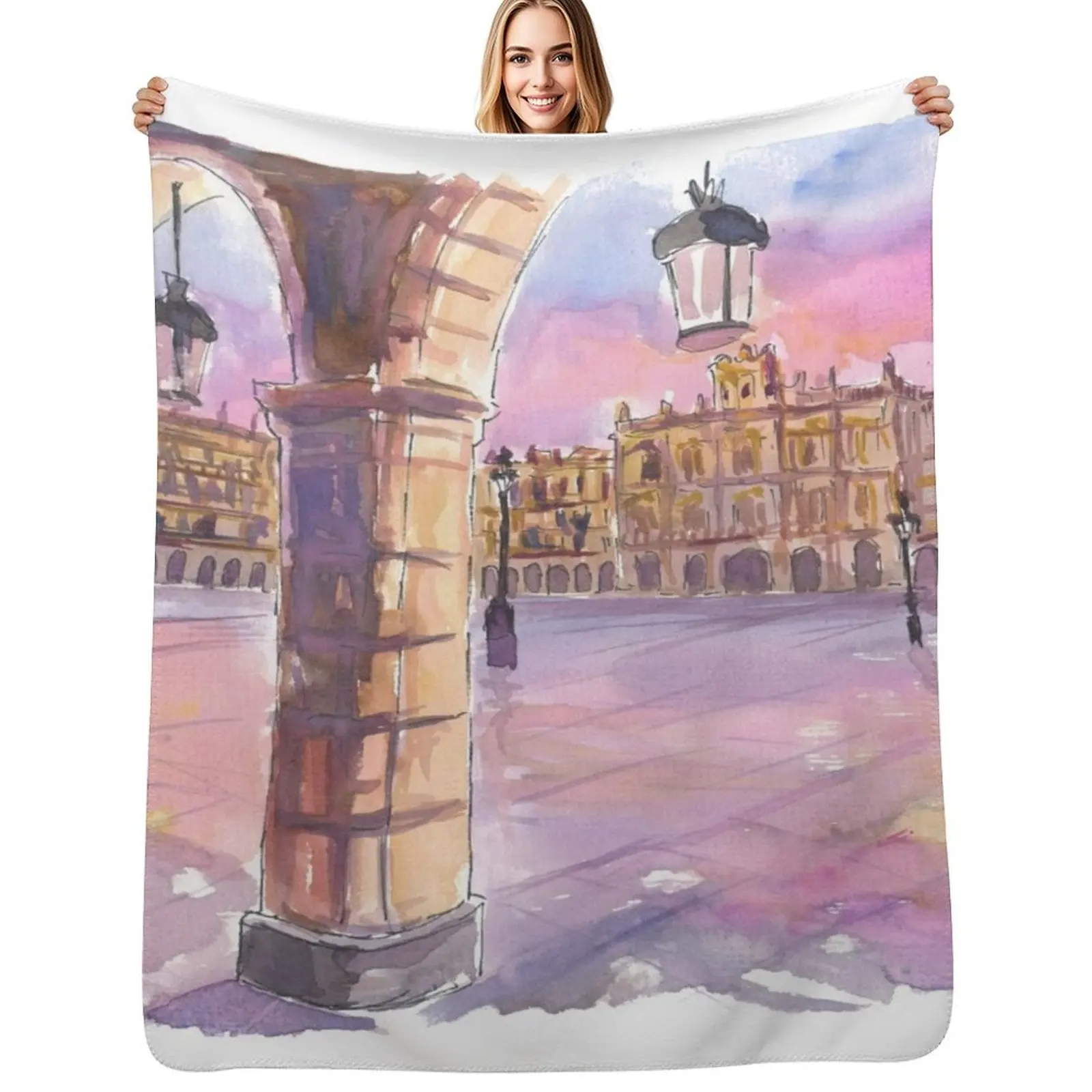 

Salamanca Arcade View of Plaza Mayor at Dawn Throw Blanket Cozy Home Blanket Gift for Christmas Holiday