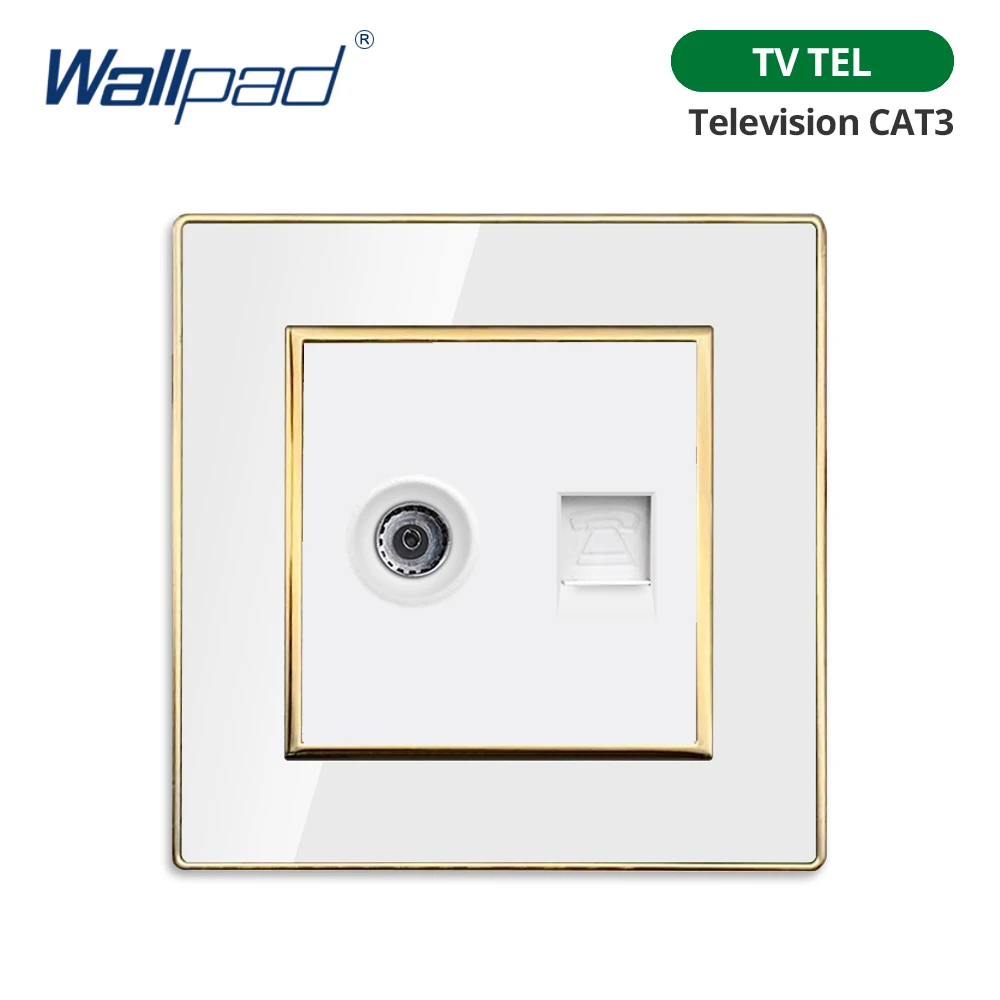 Wallpad Weißes Acryl-Panel mit goldenem Rand, 2-Wege-Wandlichtschalter mit LED-Anzeige, EU-Steckdose mit USB