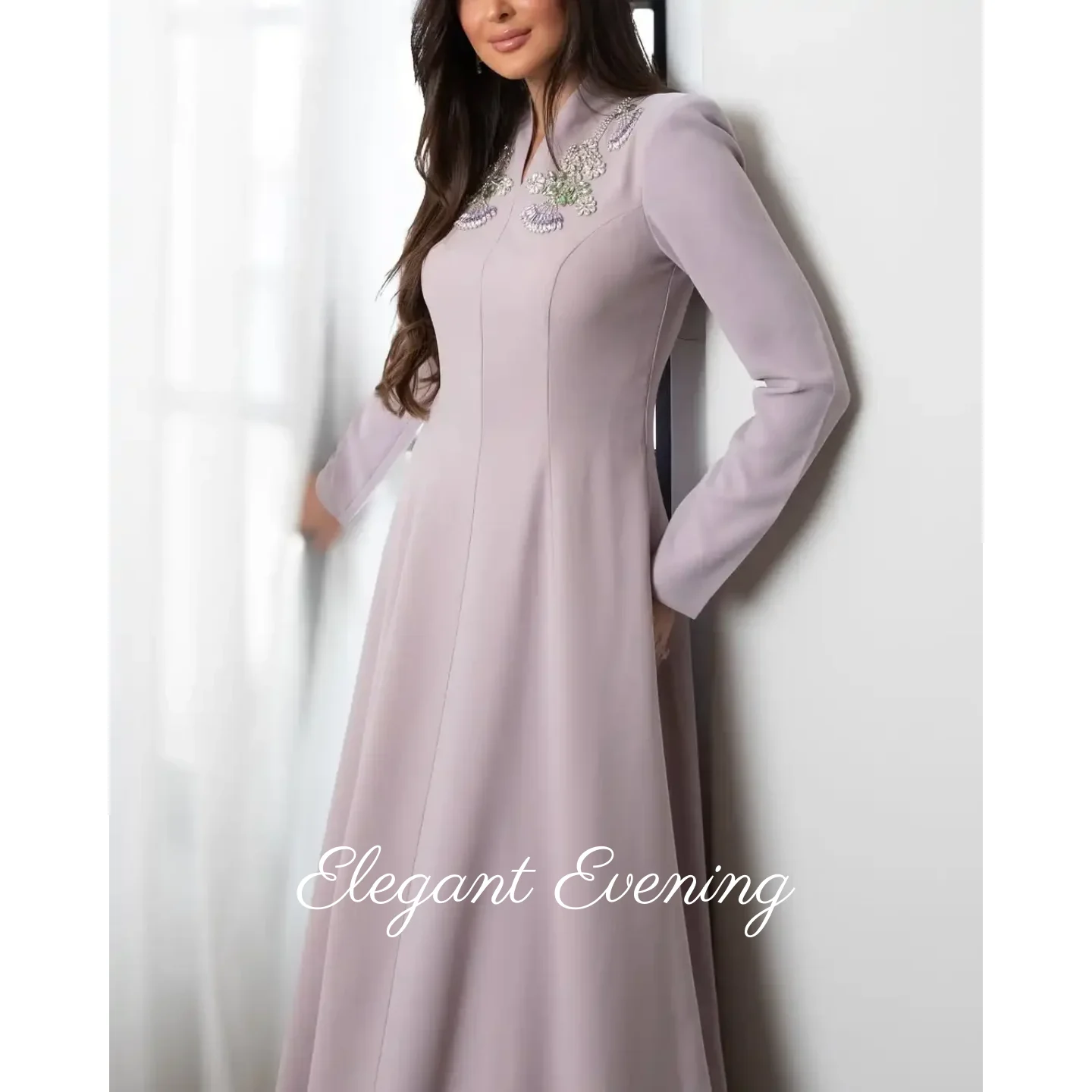 

Розовые вечерние платья с длинными рукавами и V-образным вырезом, плиссированные платья для выпускного вечера, бисер, длина до пола, Vestidos De Fiesta, по индивидуальному заказу, 2025 г.