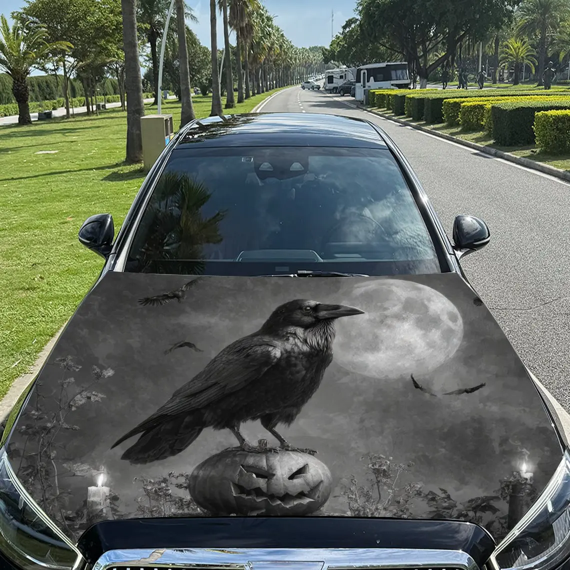 

Moonlit Crow Print car hood stickers, waterproof self-adhesive, scratch resistant, easy to stick, durable car PVC stickers, car