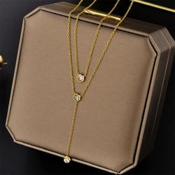 Kuziduocai 100% Stainless Steel New Fashion Jewelry 18K Gold-plated Zircon Tassels Charm 2-Layer Chain Women Choker Necklaces