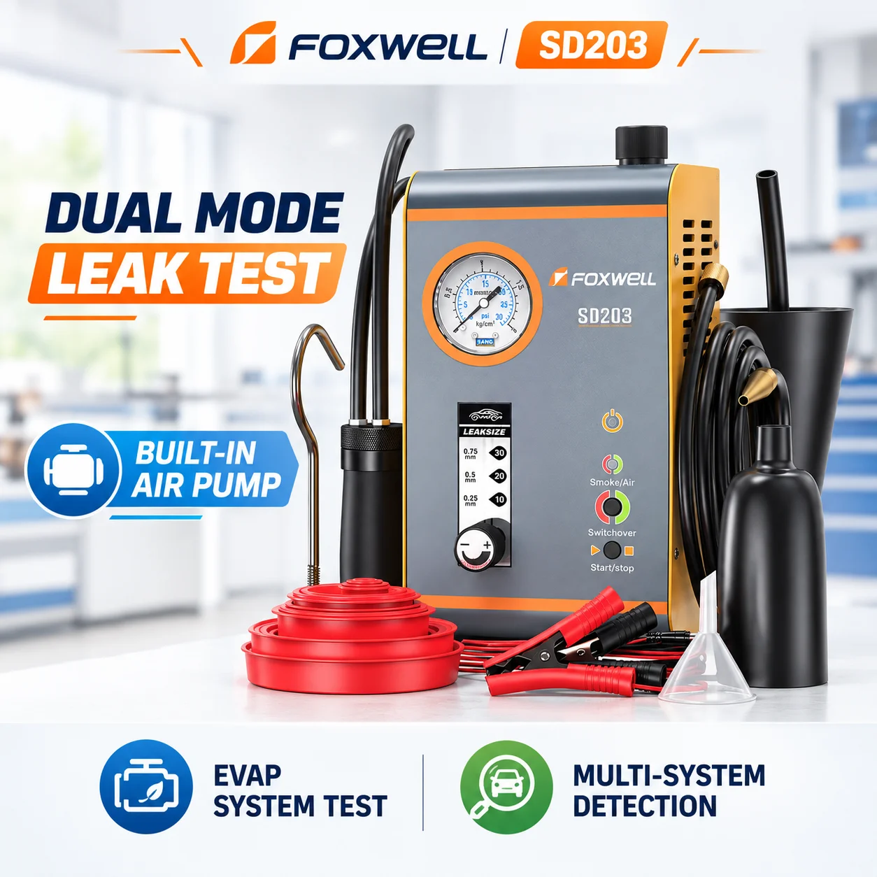 Smoke Leak Detector EVAP Vacuum Pipe Leak Tester FOXWELL SD203 12V Automotive Dual Mode Integrated Air Pump Car Diagnostic Tool