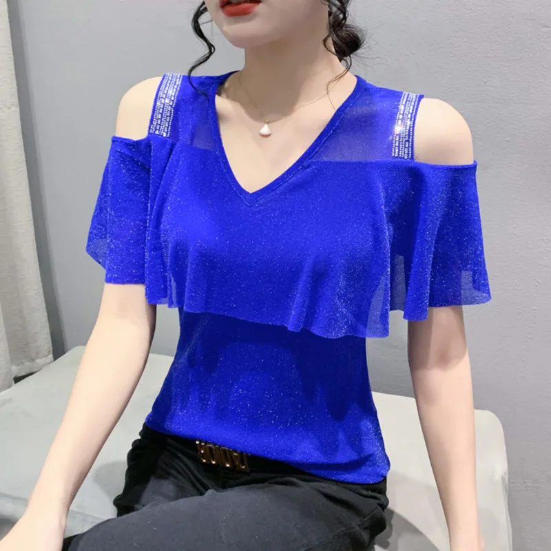 #5357 Black Blue Mesh Tshirt Ruffles Off spalla T Shirt donna diamanti Sexy sottile Skinny Tshirt femminile estate Top Femme scollo a v