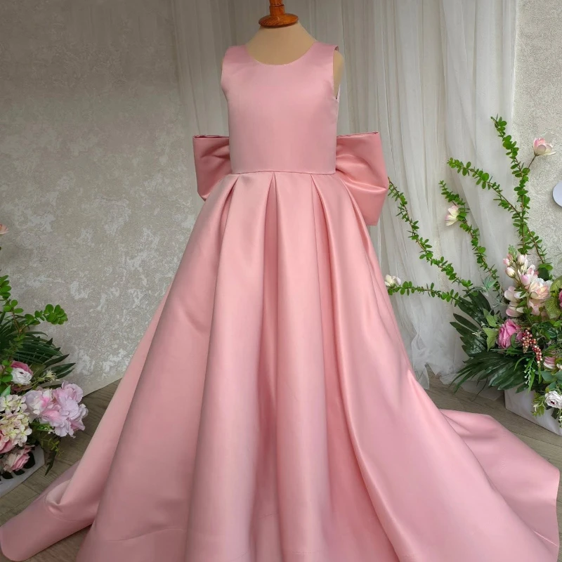

2026 New Pink Satin Holiday Celebration Girls Princess Sleeveless Long Dress Piano Performance Host Banquet Wedding Flower Girl