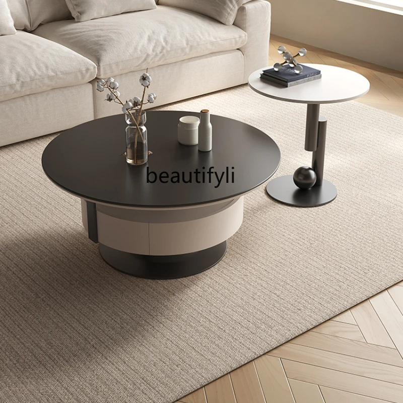 

Italian minimalist round coffee table living room household, small apartment high-end rock slab cream wind coffee table