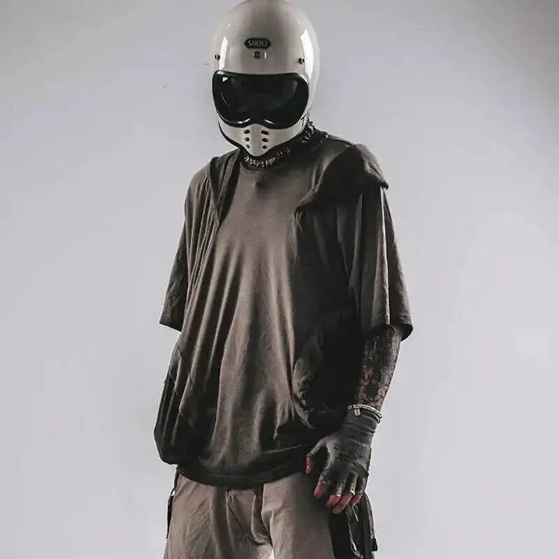 HKSH Summer Men's Tide Punk Techwear Mesh Spliced Cut Three-Dimensional Design Tees Niche Waste Land Dirty Washed T-shirt HK4679
