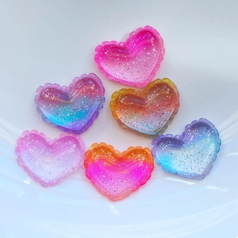 10Pcs New Cute Resin Shiny Tricolor Heart Flat Back Cabochon Scrapbook Kawaii DIY Embellishments Accessories