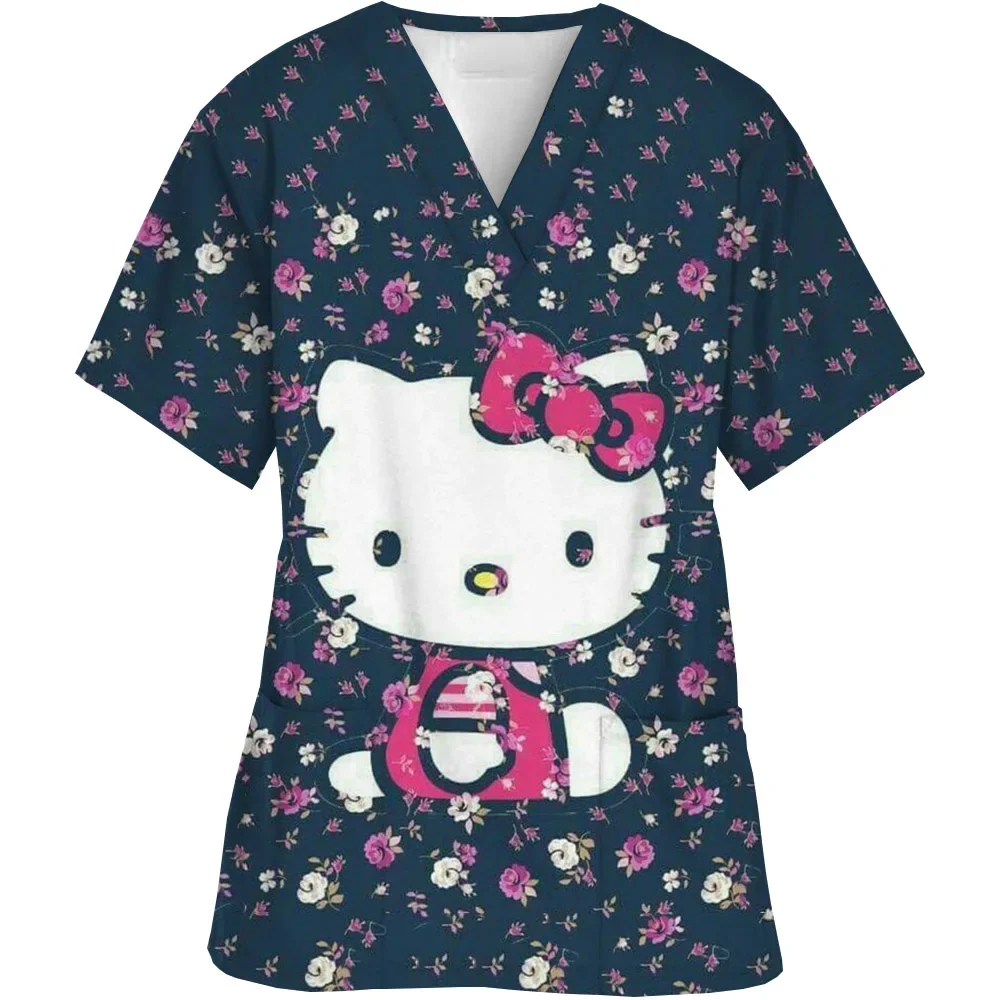 Uniforme da infermiera Donna Manica corta Hello Kitty Uniforme da lavoro Tasca Scrub Top Uniformi mediche con scollo a V infermieristiche Accessori
