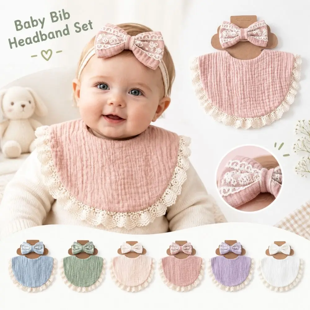 New Cotton Gauze Baby Drool Bib Soft Absorbent Bib Headband Set Breathable Burp Cloths Infant Feeding