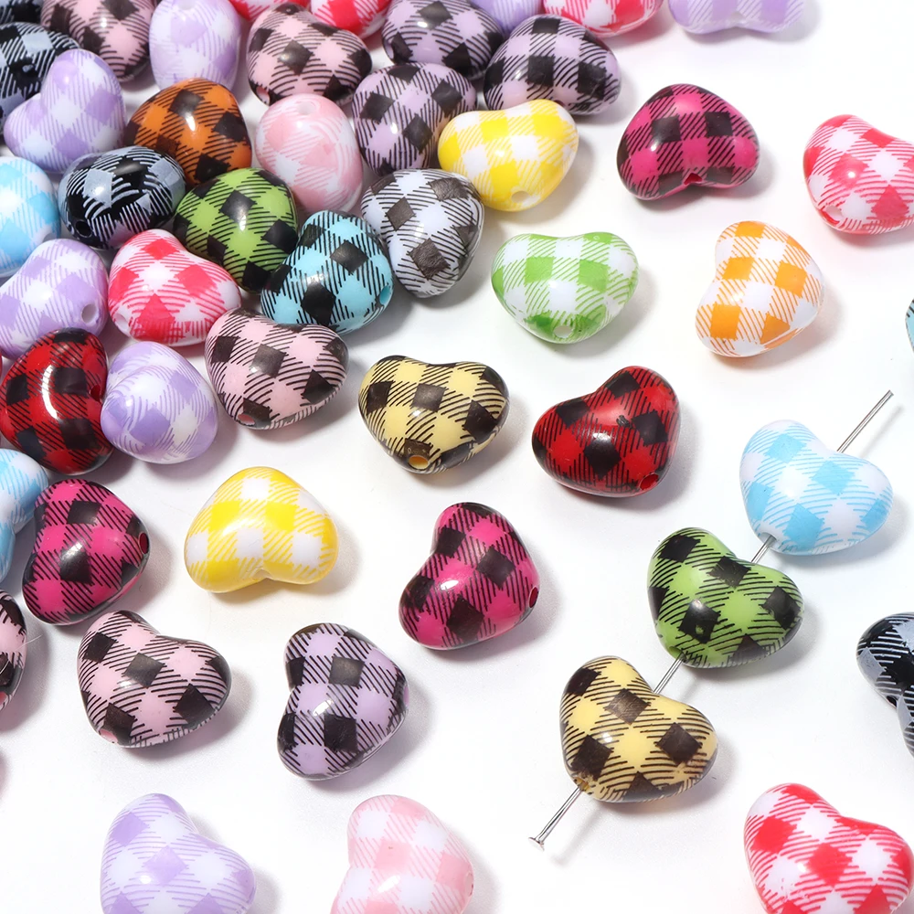 10-20pcs Plaid Heart Acrylic Beads Mixed Color Checkered Design Loose Beads For DIY Jewelry Making Bracelet Necklace Accessories