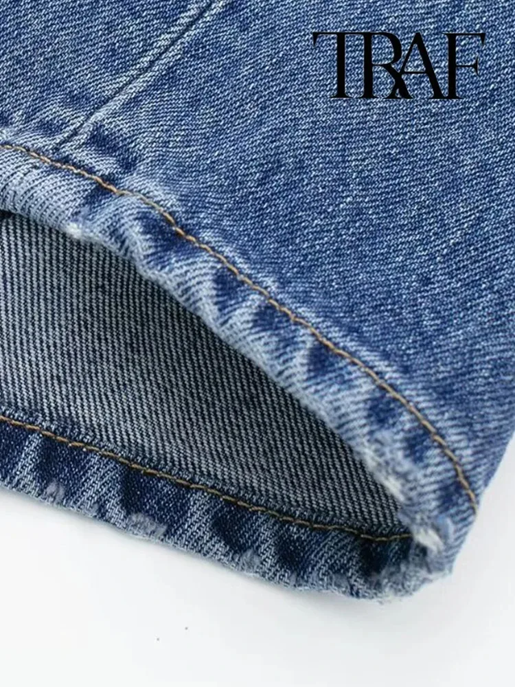 TRAF Women\'s New High Waist Straight Jeans Narrow Wide Leg Button Zip Jeans Commuter Street Jeans Fashion Washed Jeans