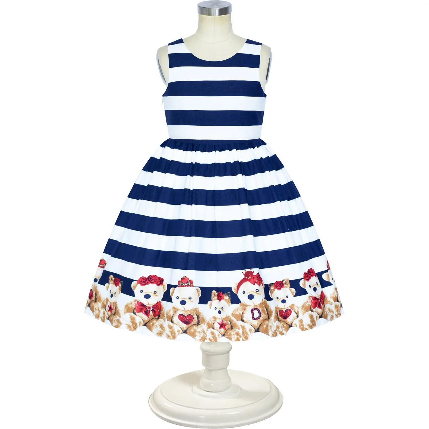 Girls Dress Cotton Casual Navy Blue Striped Bear V Back Holiday Party