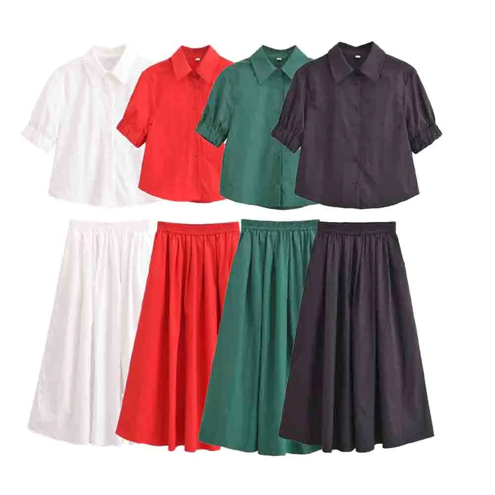 UNIZERA2024 Summer New Product Casual Women\'s Fashion Solid Color Collar Short Sleeve Shirt Midi Skirt Set