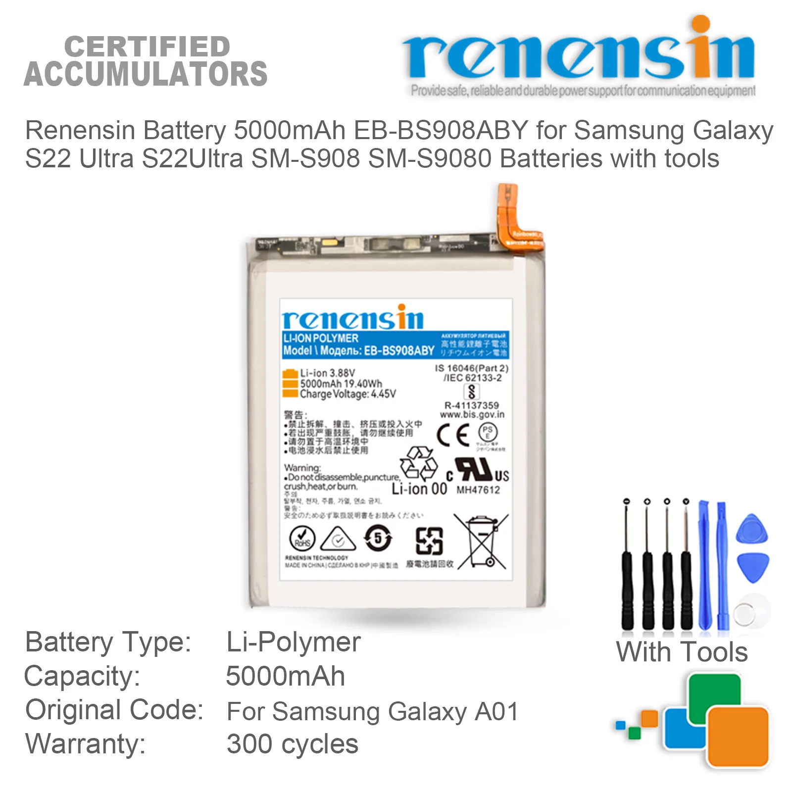 

Renensin Battery 5000mAh EB-BS908ABY for Samsung Galaxy S22 Ultra S22Ultra SM-S908 SM-S9080 Batteries with tools