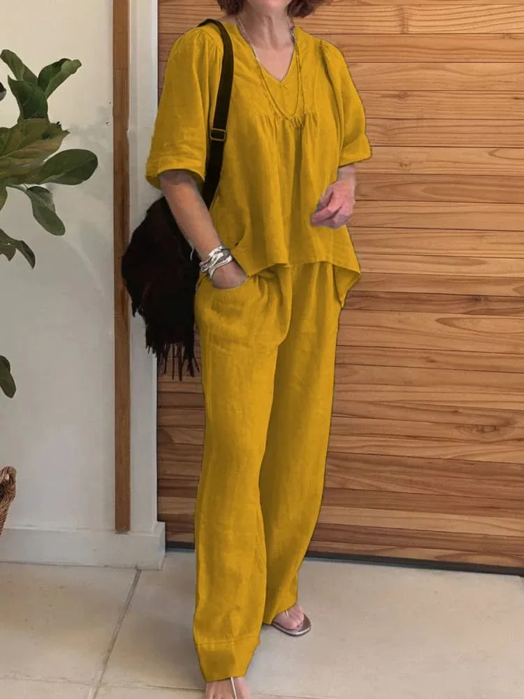 طقم قطعتين كاجوال من القطن مكون من قطعتين للنساء نصف كم ورقبة على شكل حرف V وسراويل عبوة أطقم ملابس فضفاضة أنيقة للعمل في المكتب للسيدات