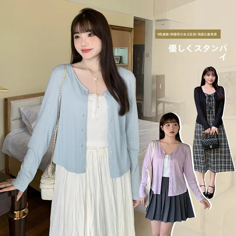 

Spring Thin Hollow out Pure Color V-Neck Women's plus Size Knitted Air Conditioning Open Cardigan Outerwear Long Cotton