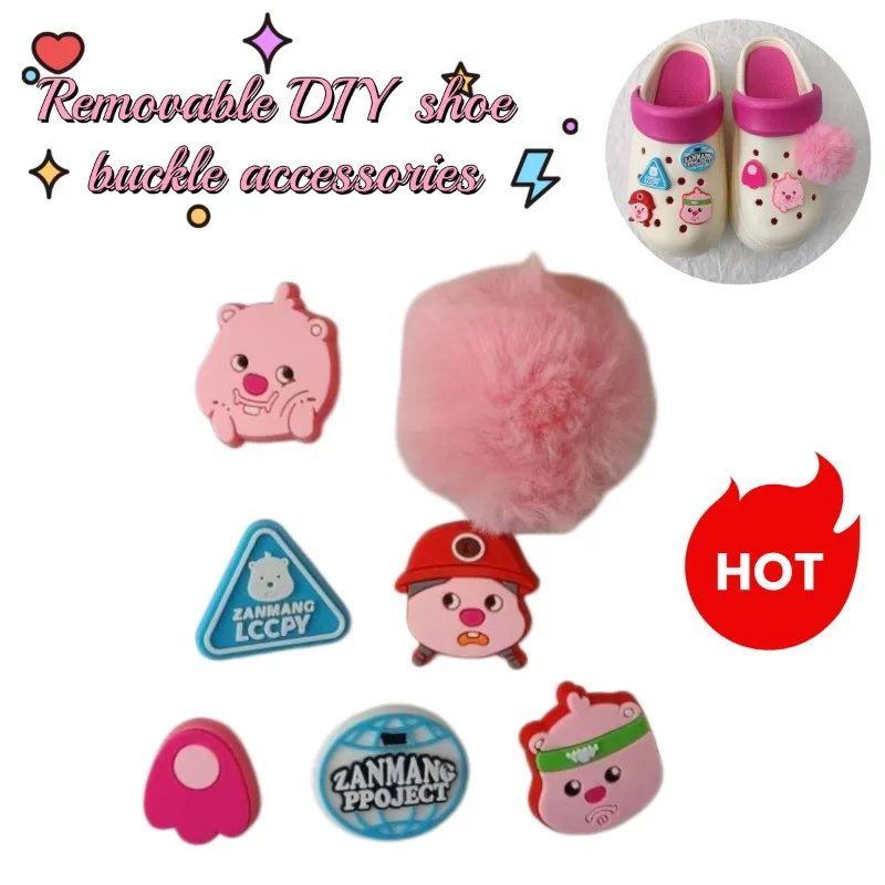 Nuevos accesorios creativos DIY para zapatos: hebilla desmontable con diseño de castor de dibujos animados, pelota de pelo rosa y flor para calzado.