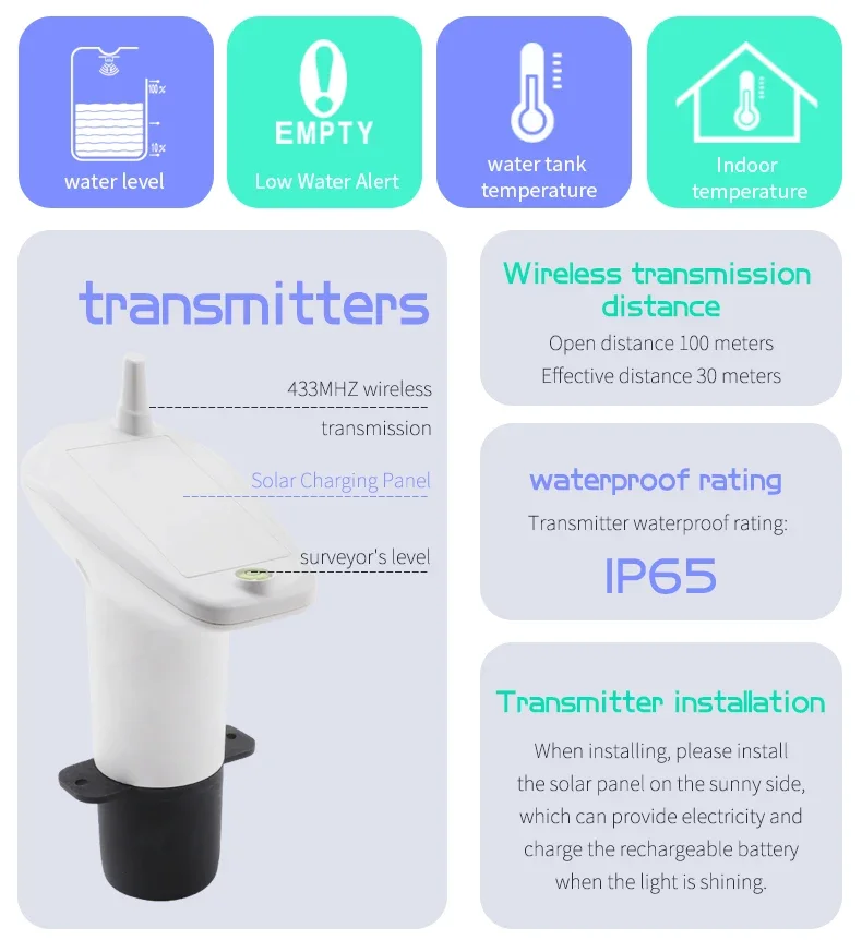 Wireless Ultrasonic Water Tank Liquid Level Meter With IP65 Waterproof Temperature Sensor 1-5m Liquid Depth Monitor Detector