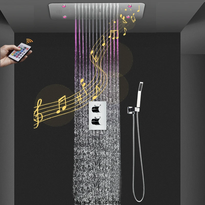 Thermostatic Rainfall Shower Set Electric LED Music Bahtroom Shower System 380x580mm Polished