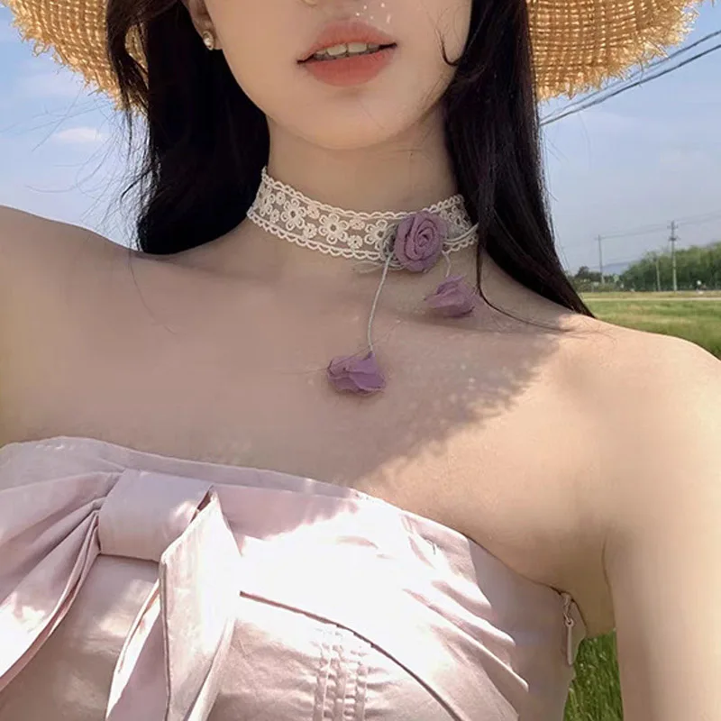 قلادة بتلات الورد الوردي الجنية للنساء ، رقبة الترقوة ، سلسلة طويلة ، قلادة زهور مثيرة ، إكسسوارات مجوهرات للسيدات ، هدية للفتيات ، دانتيل #3