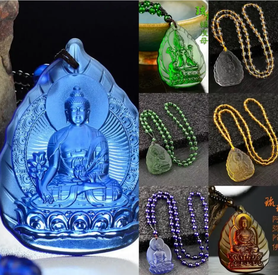 Liuli Crystal Buddha Green Tara Amulet Buddha Charms Tibetan Buddhism Religion Amulet Pendant Crystal Beads Glass Necklace