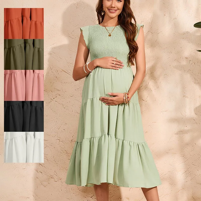 

Плиссированное платье для беременных, милые летние шифоновые платья с летающими рукавами и круглым вырезом для беременных, платье для беременных