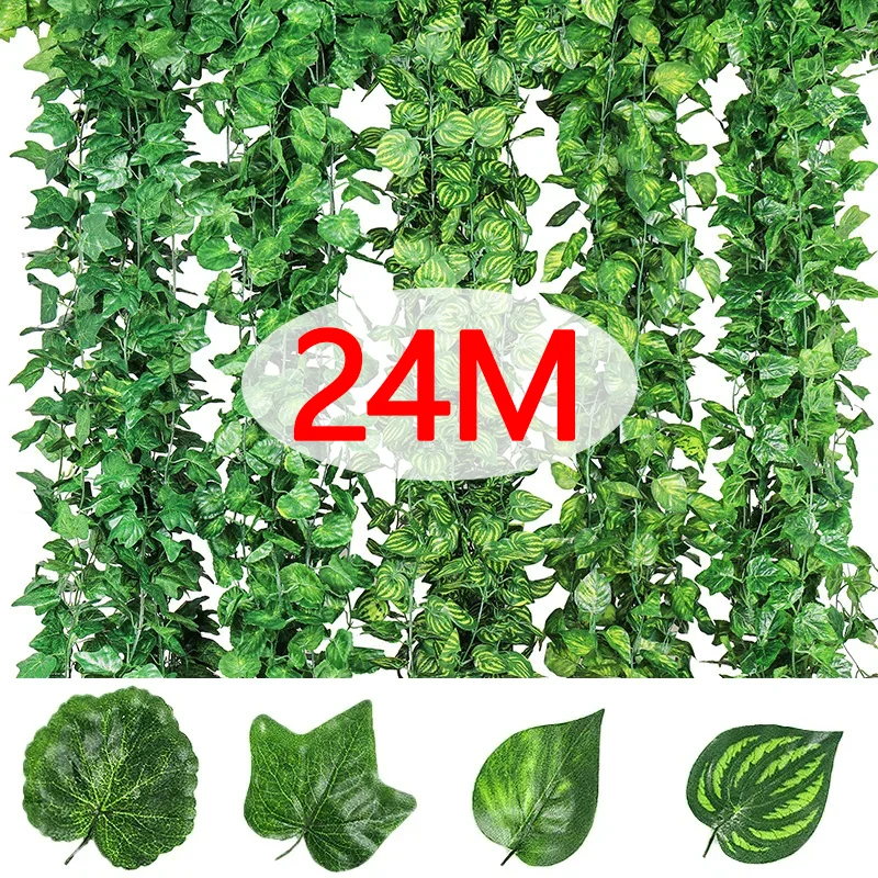 24/2M Artificial Ivy Greenery Leaves Fake Vine Plants Leaf DIY Home Green Decoration Wedding Party Wall Hanging Foliage Supplies