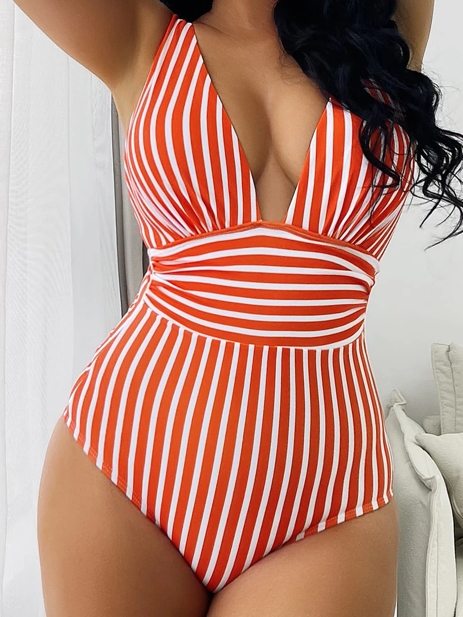 Sexy Striped One Piece Swimsuit 2023 Vintage Swimwear Women Deep V Bathing Swimming Suit Female Padded Summer Beachwear Bodysuit