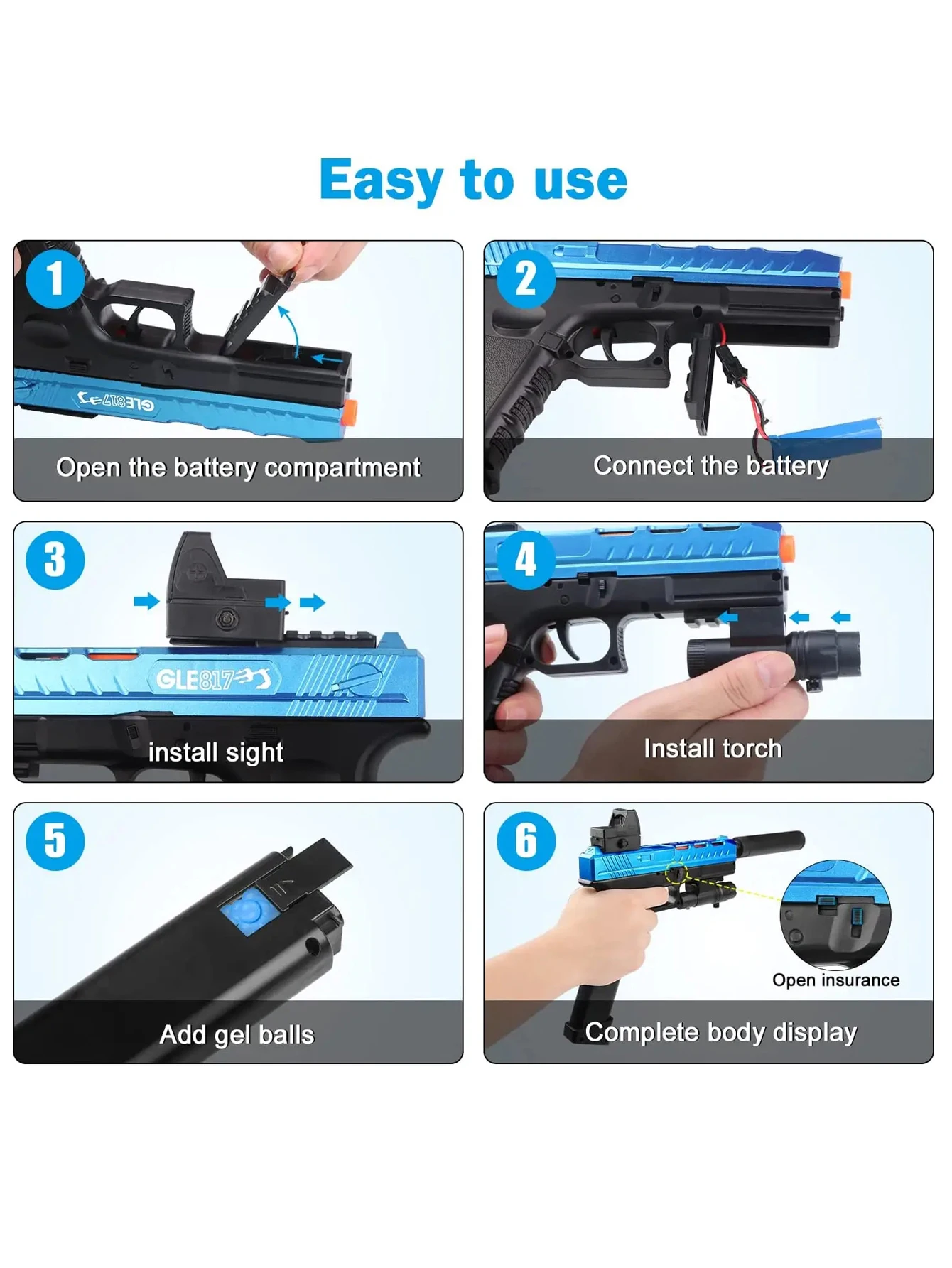 수동 전동 젤 볼 장난감 총, 권총 두 가지 모드 전환, 7-8mm 젤 볼 장난감 총 발사 가능, 야외 놀이 장난감(총알 미포함)