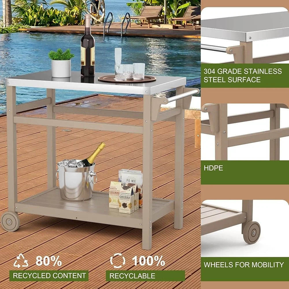 Stainless Steel Outdoor Grill Cart High Load Capacity Portable BBQ Prep Table HDPE Frame Durable All-Weather 2-Tier Design