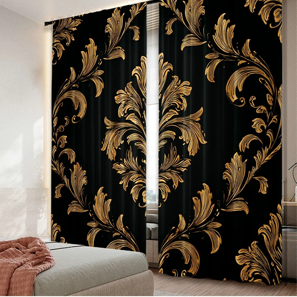 2D flat printing 2pcs Curtain Golden Ornamental Flourish Digital Printed Polyester Drapes Family Party Decoration Use for Home
