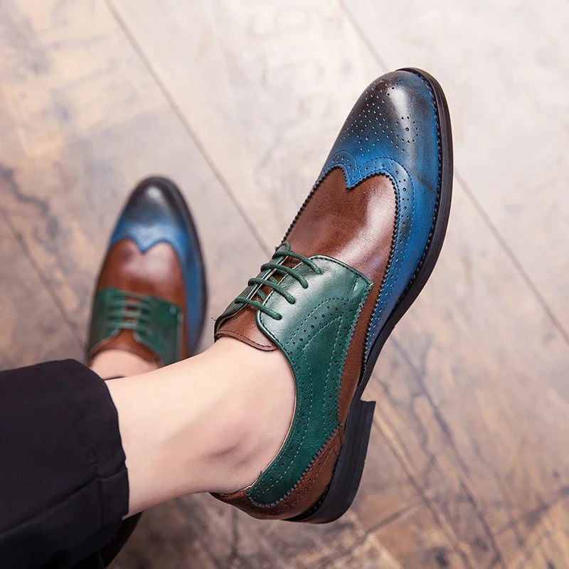 Brown Men\'s Formal Business Shoes Italian Brand Brogue Color Matching Oxford Dress Leather Shoes Men Fashion Wedding Party Shoes