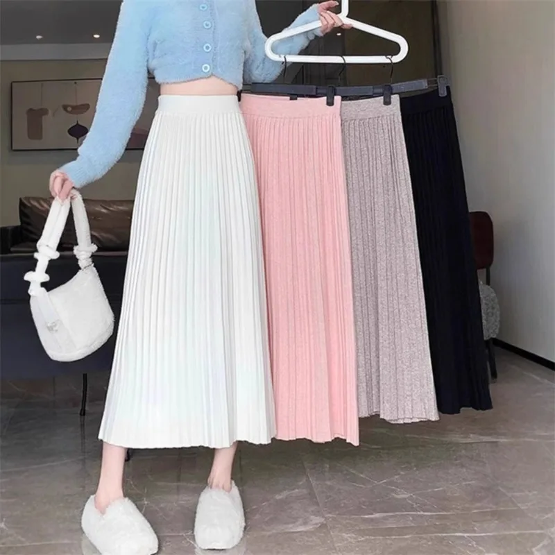 

This Is New Autumn Winter Versatile High-waisted A-line Slimming Knitted Skirt Mid-length Pleated with High-end and Elegant Look
