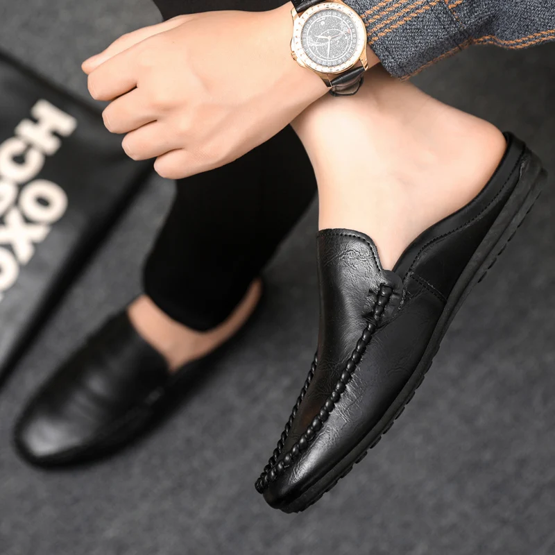 Backless Loafers Mules Half Slippers Men Leather Slip On Flat Sneakers Large Size 45 46 Open Back Casual Shoes Slides Sandals