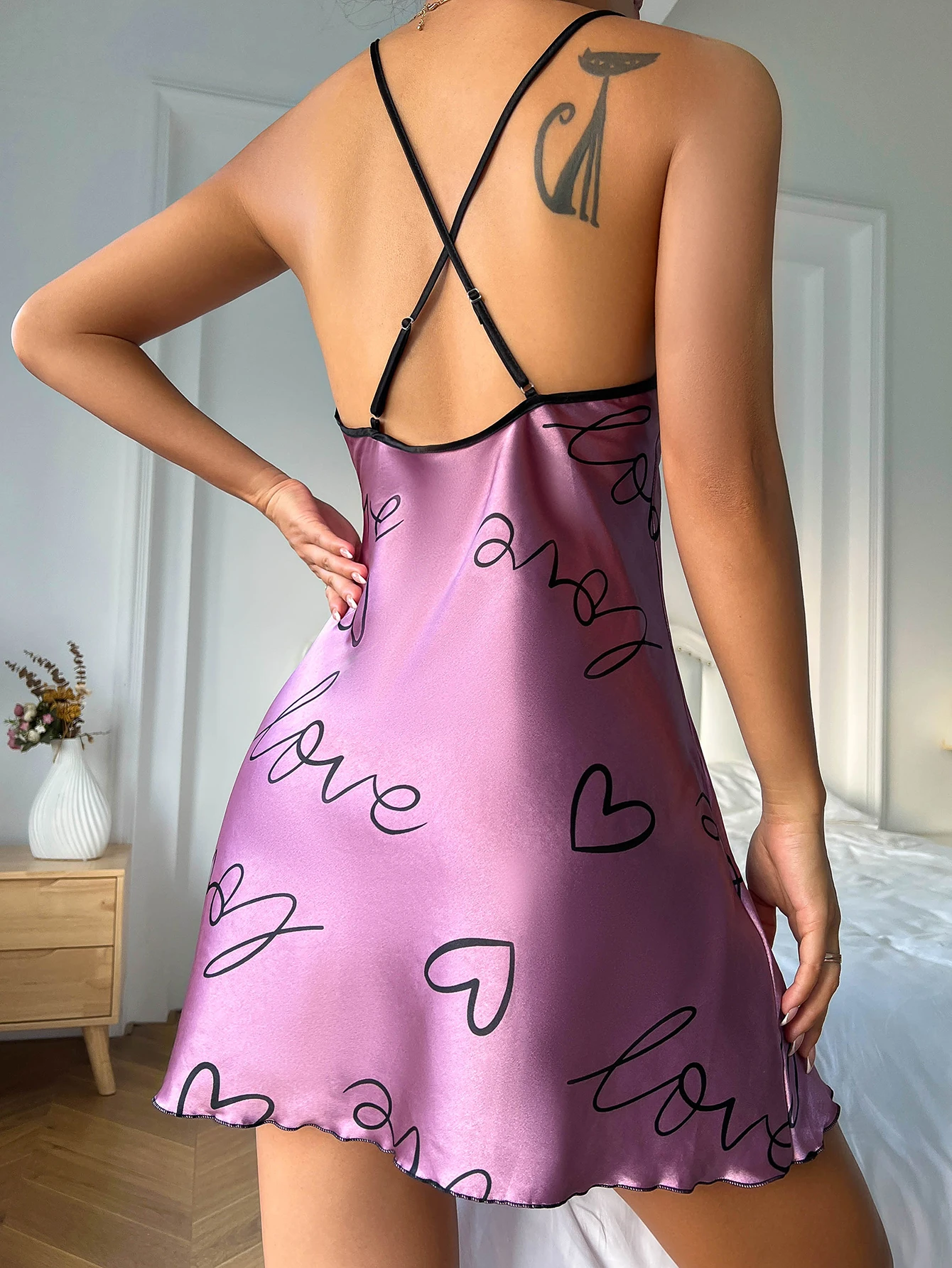 New Women's Nightdress Heart Print Round Neck Pajamas Cross Back Adjustable Straps Breathable Ladies Home Loungewear